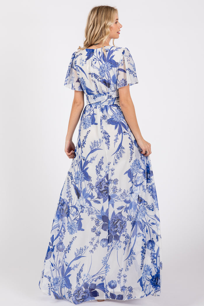 Blue Floral Side Slit Wrap Maxi Dress