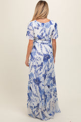 Blue Floral Side Slit Maternity Wrap Maxi Dress