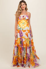 Purple Floral Top Accent Tiered Maternity Maxi Dress