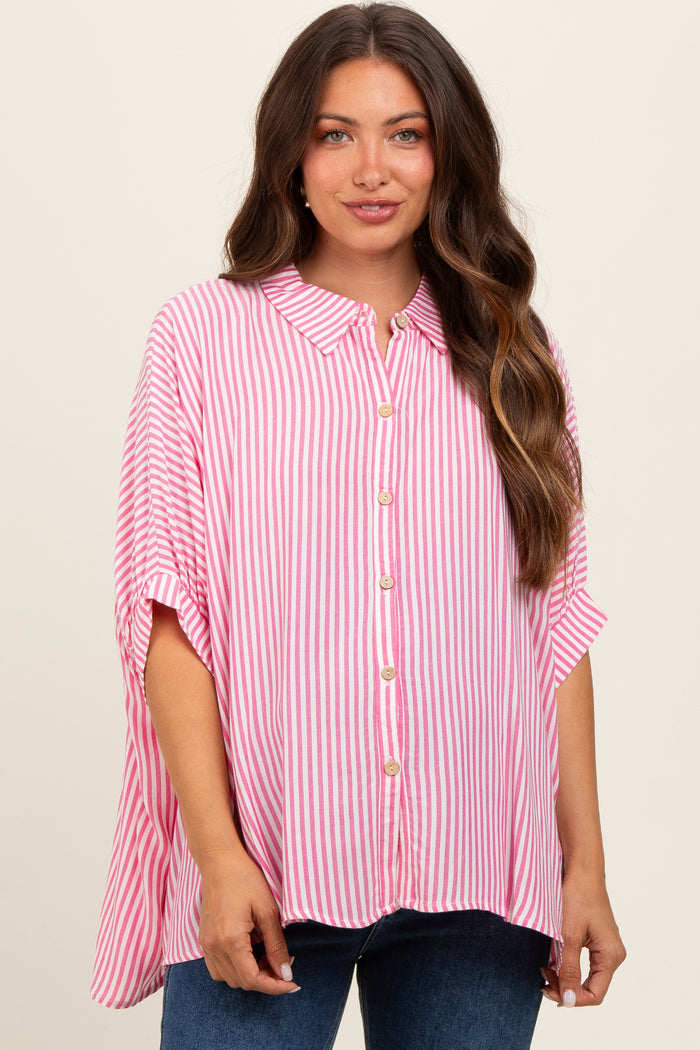 woman wearing a pink and white striped maternity button-up shirt with loose fit and short sleeves