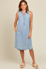 Light Blue Chambray Button Up Fringe Sleeveless Maternity Dress