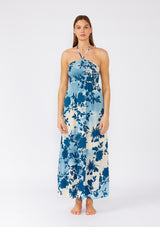 Blue Floral Smocked Halter Maxi Dress