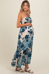 Blue Floral Smocked Halter Maternity Maxi Dress