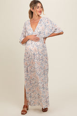 Cream V-Neck Smocked Waist Short Sleeve Maternity Maxi Dress