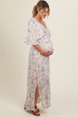 Cream V-Neck Smocked Waist Short Sleeve Maternity Maxi Dress