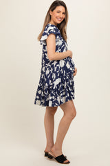 Navy Floral Ruffle Lace Maternity Dress