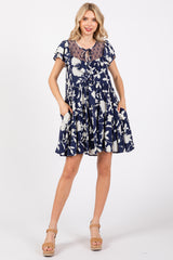 Navy Floral Ruffle Lace Dress