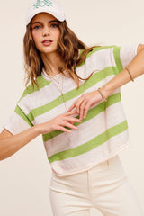 Green Lightweight Stripe Sweater Short Sleeve Top