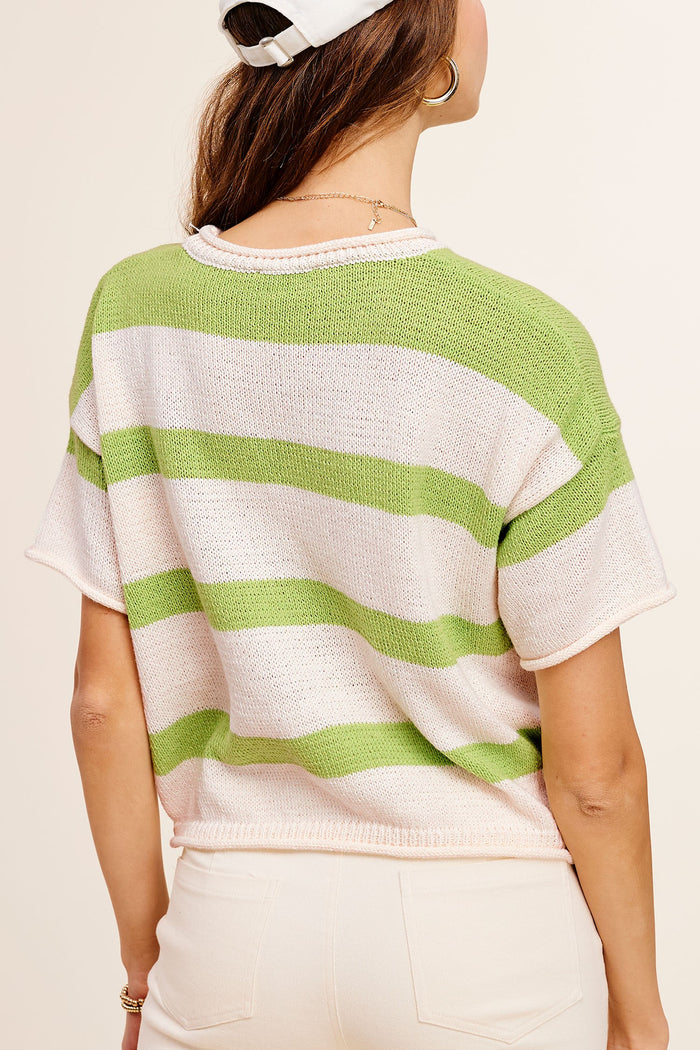 Green Lightweight Stripe Sweater Short Sleeve Top