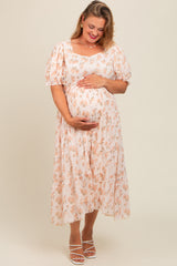 Cream Floral Puff Sleeve Plus Maternity Maxi Dress