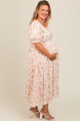 Cream Floral Puff Sleeve Plus Maternity Maxi Dress