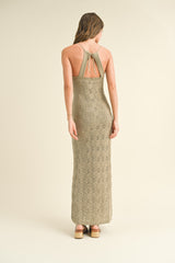 Taupe Crochet Knit Back Cutout Maxi Dress