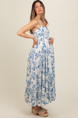 Cream Floral Flowy Sleeveless Squared Neckline Maternity Dress