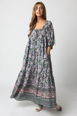 Olive Floral Paisley Cinched Neckline Maternity Maxi Dress