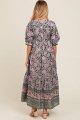 Olive Floral Paisley Cinched Neckline Maternity Maxi Dress