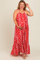 Red Floral Self Tie Sleeveless Maternity Dress