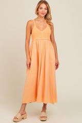 Peach V-Neck Crochet Top Maternity Midi Dress