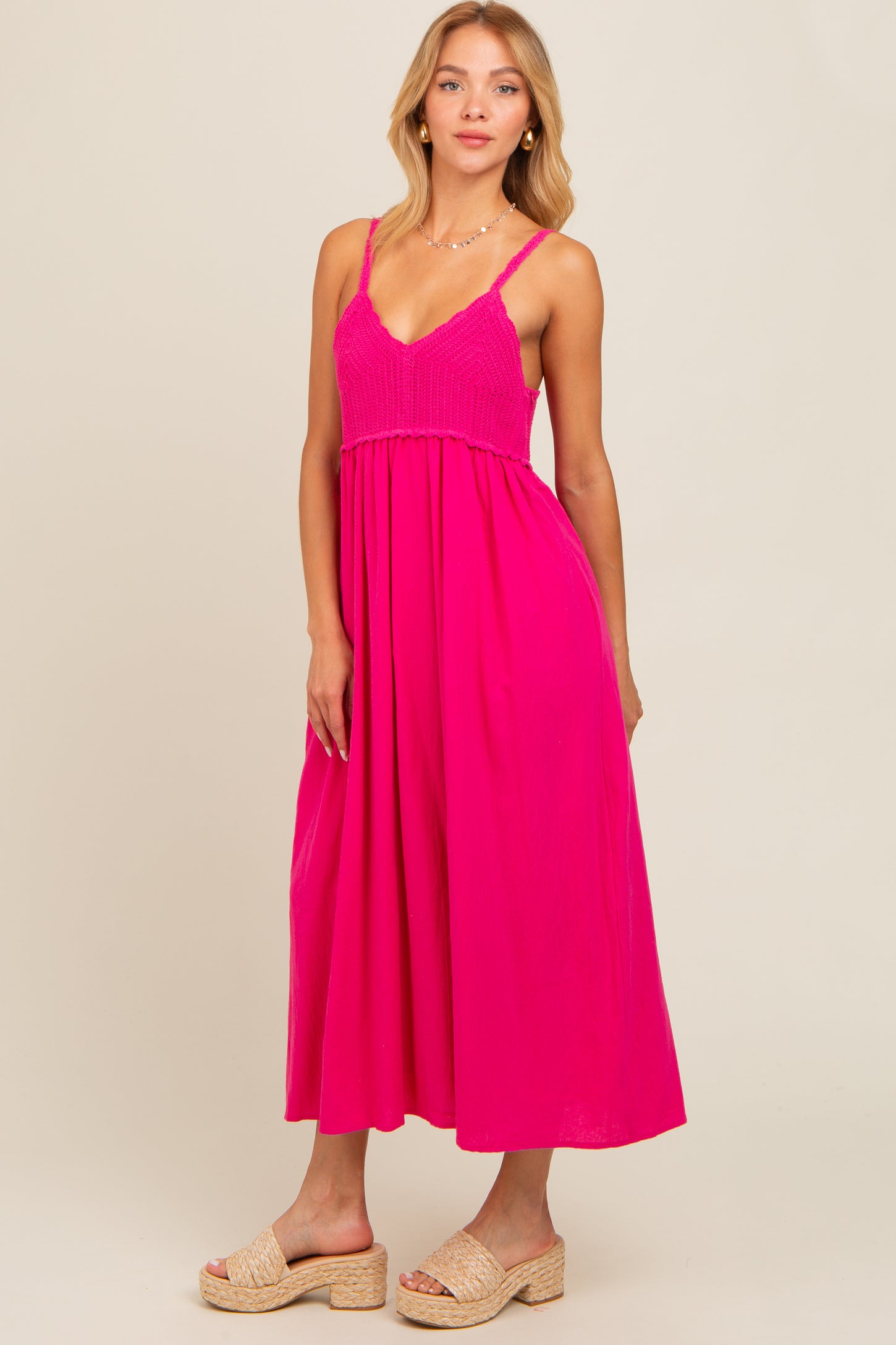Fuchsia V-Neck Crochet Top Midi Dress