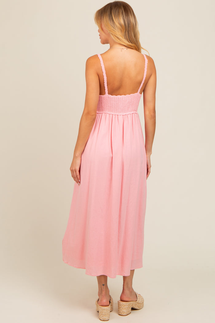 Pink V-Neck Crochet Top Midi Dress