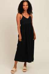 Black V-Neck Crochet Top Maternity Midi Dress