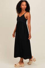 Black V-Neck Crochet Top Midi Dress