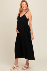 Black V-Neck Crochet Top Maternity Midi Dress