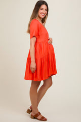 Orange V-Neck Tiered Short Sleeve Maternity Dress