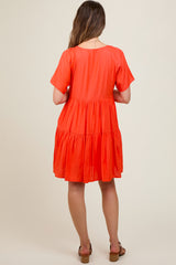 Orange V-Neck Tiered Short Sleeve Maternity Dress