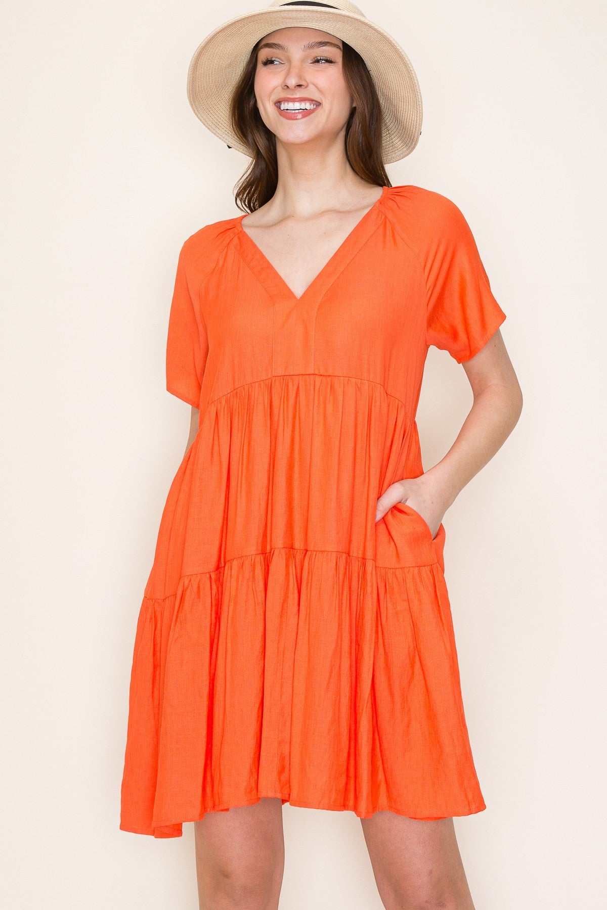 Orange V-Neck Tiered Short Sleeve Dress