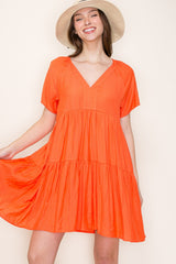 Orange V-Neck Tiered Short Sleeve Dress