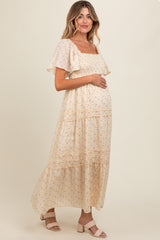 Cream Floral Smocked Square Neck Flutter Sleeve Maternity Midi Dress