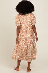 Camel Damask Print Button Down Midi Dress