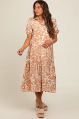 Camel Damask Print Button Down Maternity Midi Dress