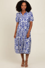 Royal Blue Damask Print Button Down Maternity Midi Dress