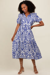 Royal Blue Damask Print Button Down Midi Dress