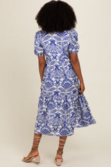 Royal Blue Damask Print Button Down Midi Dress