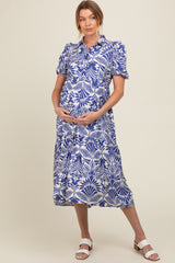 Royal Blue Damask Print Button Down Maternity Midi Dress