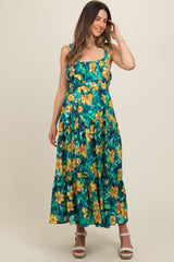 Yellow Floral Tiered Sash Tie Maternity Midi Dress