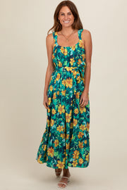 Yellow Floral Tiered Sash Tie Midi Dress