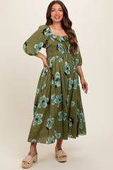 Olive Floral Smocked Maternity Midi Dress