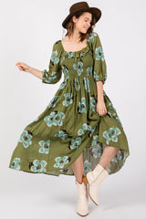 Olive Floral Smocked Midi Dress