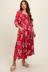 Red Floral Smocked Maternity Midi Dress