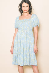 Light Blue Floral Puff Sleeve Smocked Chest Maternity Dress