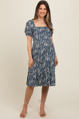 Navy Blue Floral Puff Sleeve Smocked Chest Maternity Dress