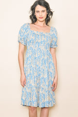 Blue Floral Puff Sleeve Smocked Chest Maternity Dress