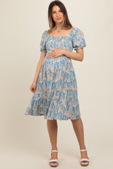 Blue Floral Puff Sleeve Smocked Chest Maternity Dress