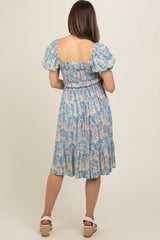 Blue Floral Puff Sleeve Smocked Chest Maternity Dress