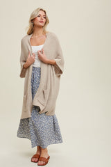Cream Drop Shoulder Side Pocket 3/4 Sleeve Cardigan