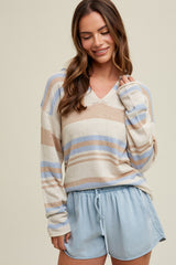 Cream Multi-Color Striped V-Neck Sweater