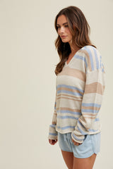 Cream Multi-Color Striped V-Neck Sweater